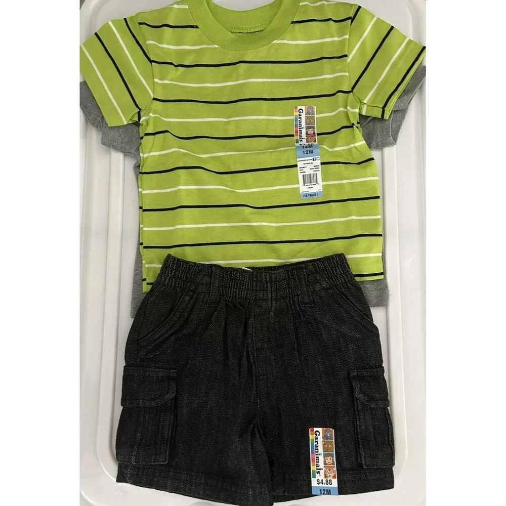 Garanimals 3 PC Green Gray Black Shirts Denim Shorts Boys Outfit Size 12 Months
